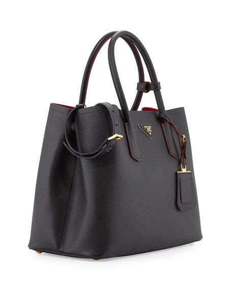 prada saffiano cuir medium double tote bag black nero|prada double saffiano tote.